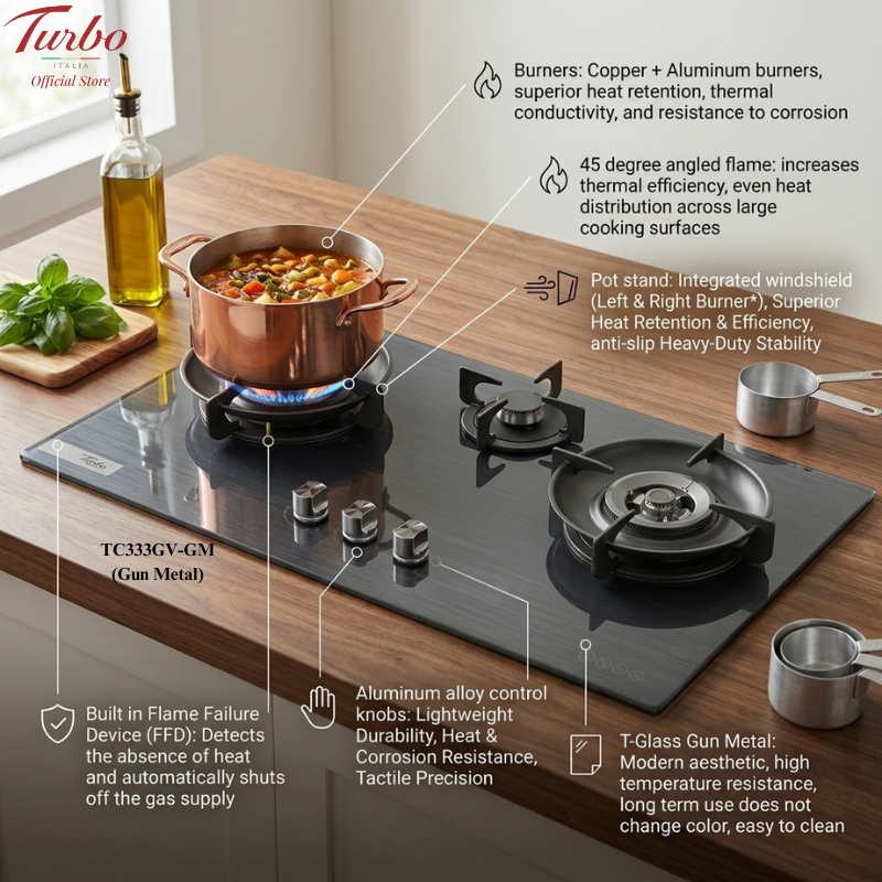 Turbo Italia TC333GV-GM 86cm 3-Burner Built-in Glass Hob