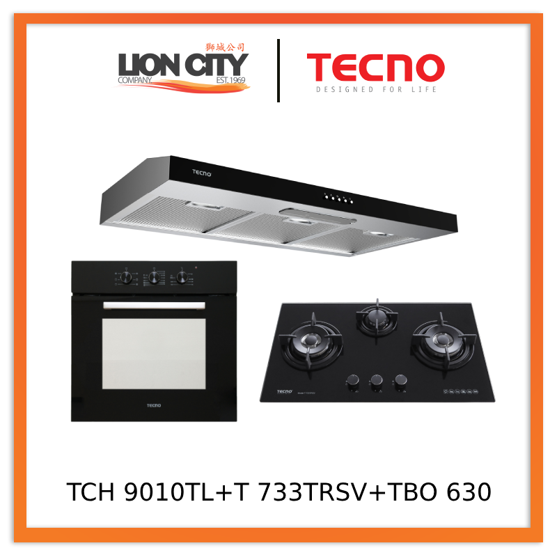 Tecno Uno TCH 9010 TL Slim Line Hood + T 733 TRSV Toughened Glass Hob + TBO 630 Built-In Oven