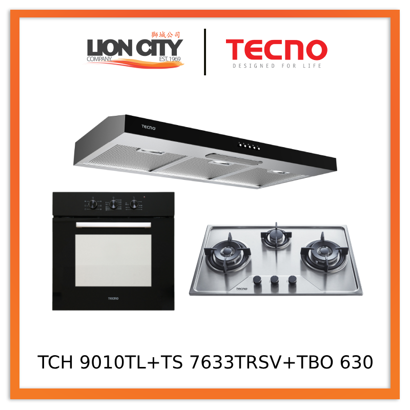 Tecno Uno TCH 9010 TL Slim Line Hood + TS 7633 TRSV Stainless Steel Gas Hob + TBO 630 Built-In Oven