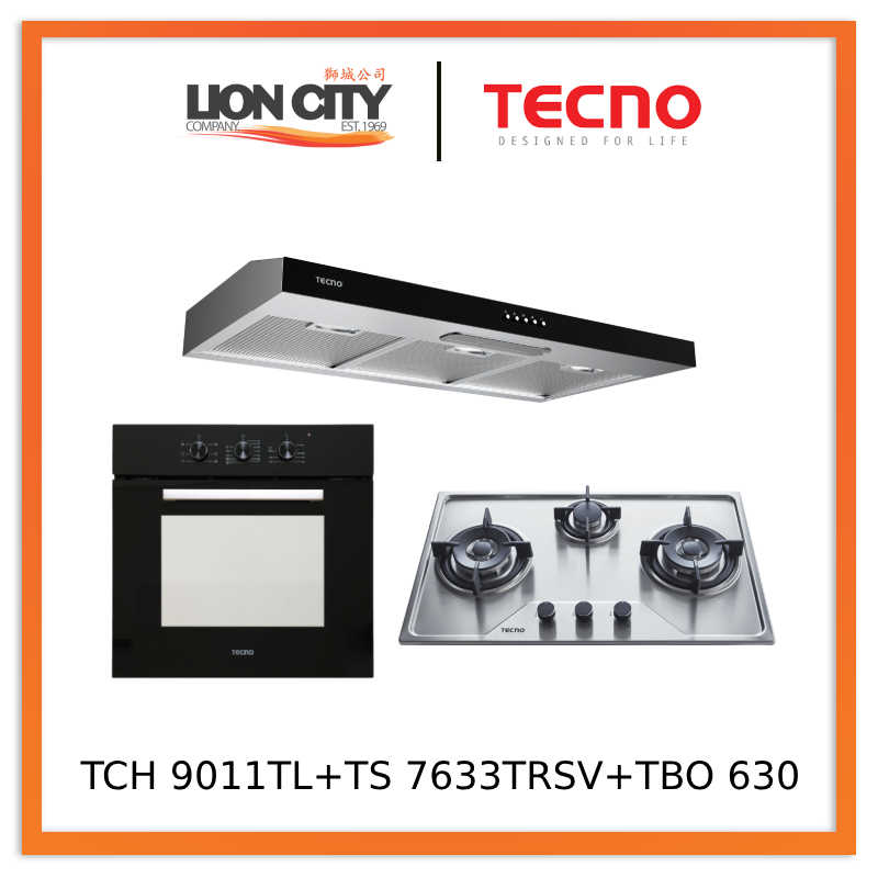 Tecno TCH 9011TL SS 90cm Stainless Steel Ultra Slim Hood + TS 7633 TRSV Stainless Steel Gas Hob + TBO 630 Built-In Oven