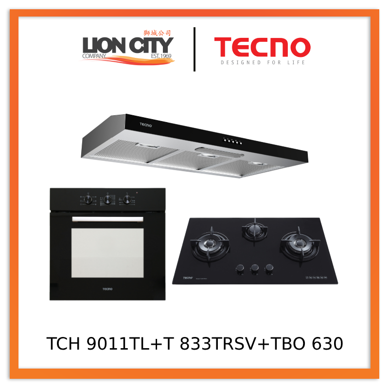 Tecno TCH 9011TL SS 90cm Stainless Steel Ultra Slim Hood + T 833 TRSV Toughened Glass Hob + TBO 630 Built-In Oven