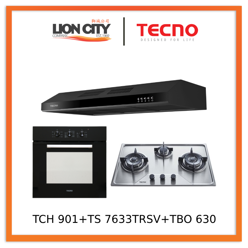 Tecno TCH 901SS/WH/BK Slim Line Designer Hood + TS 7633 TRSV Stainless Steel Gas Hob + TBO 630 Built-In Oven