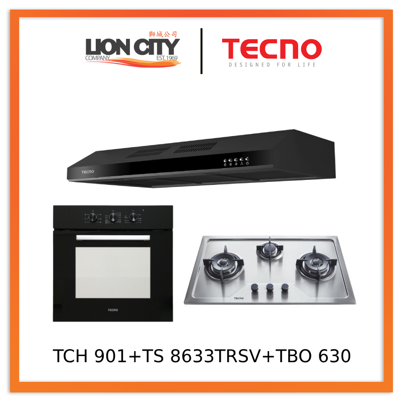 Tecno TCH 901SS/WH/BK Slim Line Designer Hood + TS 8633 TRSV Stainless Steel Hob + TBO 630 Built-In Oven