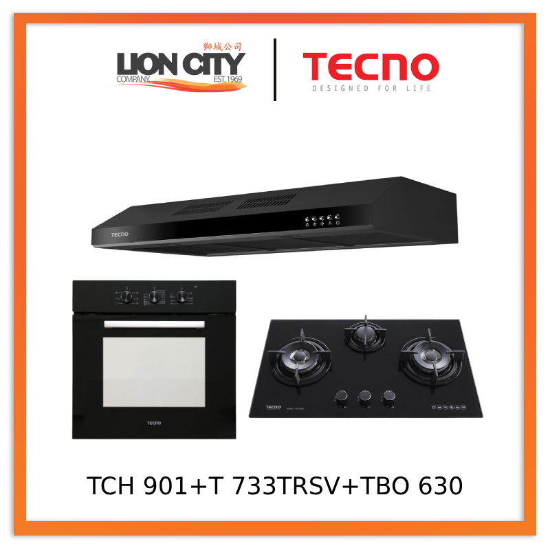 Tecno TCH 901SS/WH/BK Slim Line Designer Hood + T 733 TRSV Toughened Glass Hob + TBO 630 Built-In Oven