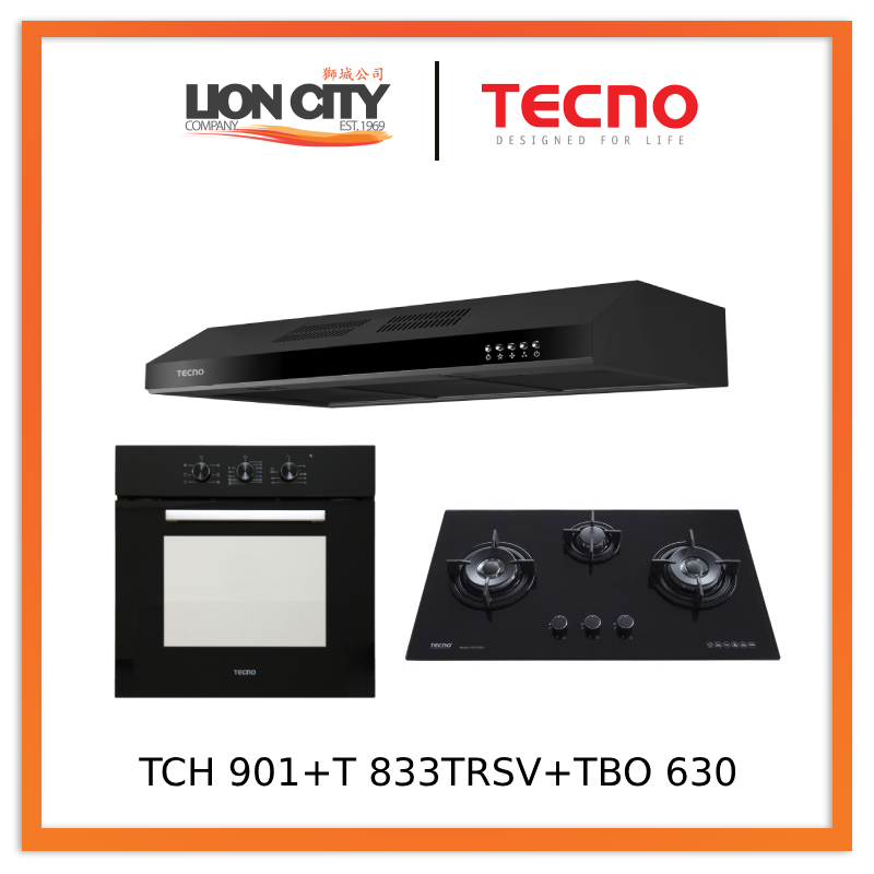 Tecno TCH 901SS/WH/BK Slim Line Designer Hood + T-833 TRSV Toughened Glass Hob + TBO 630 Built-In Oven