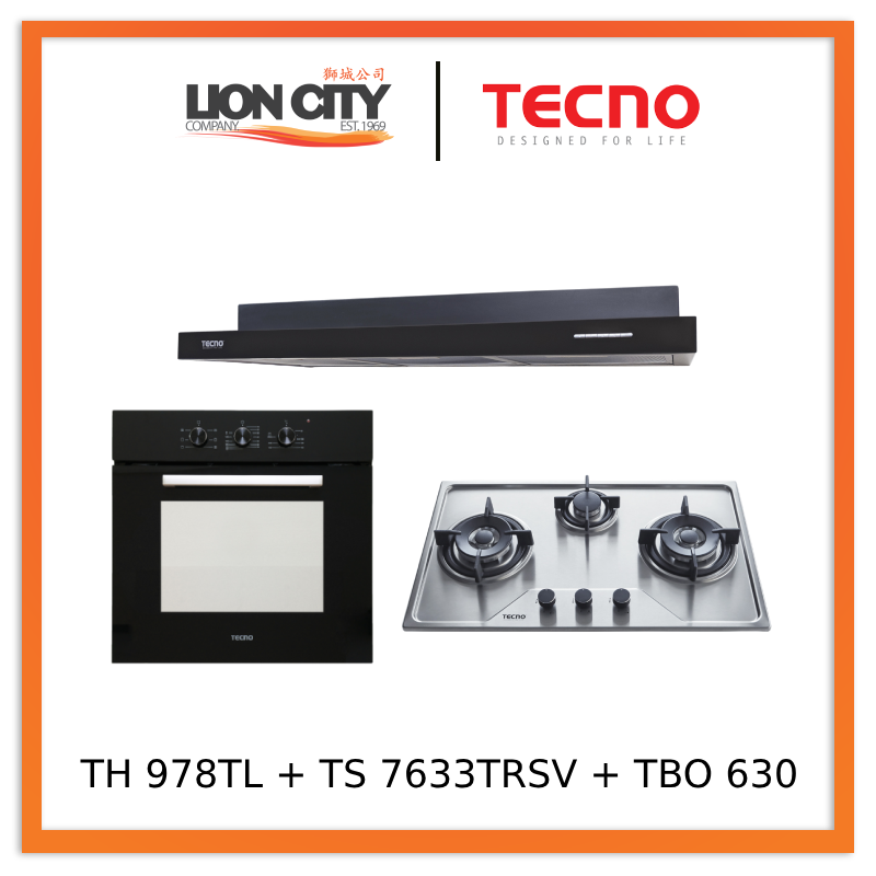 Tecno Uno TH 978 TL Slim Line Hood + TS 7633 TRSV Stainless Steel Gas Hob + TBO 630 Built-In Oven