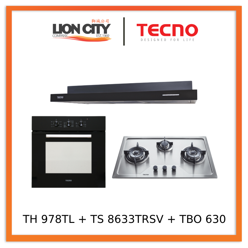 Tecno Uno TH 978 TL Slim Line Hood + TS 8633 TRSV Stainless Steel Hob + TBO 630 Built-In Oven