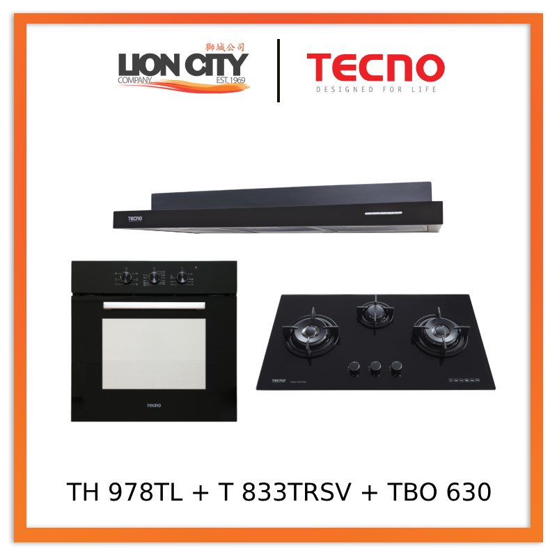 Tecno Uno TH 978 TL Slim Line Hood + T-833 TRSV Toughened Glass Hob + TBO 630 Built-In Oven