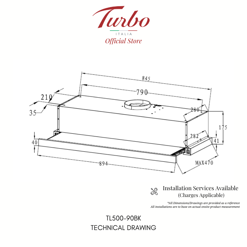 Turbo Italia TL900-90BK 90cm Telescopic Hood