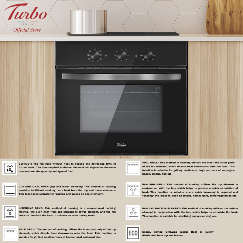 Turbo Italia TO65 Series 60cm Built-in Electric Oven 65L