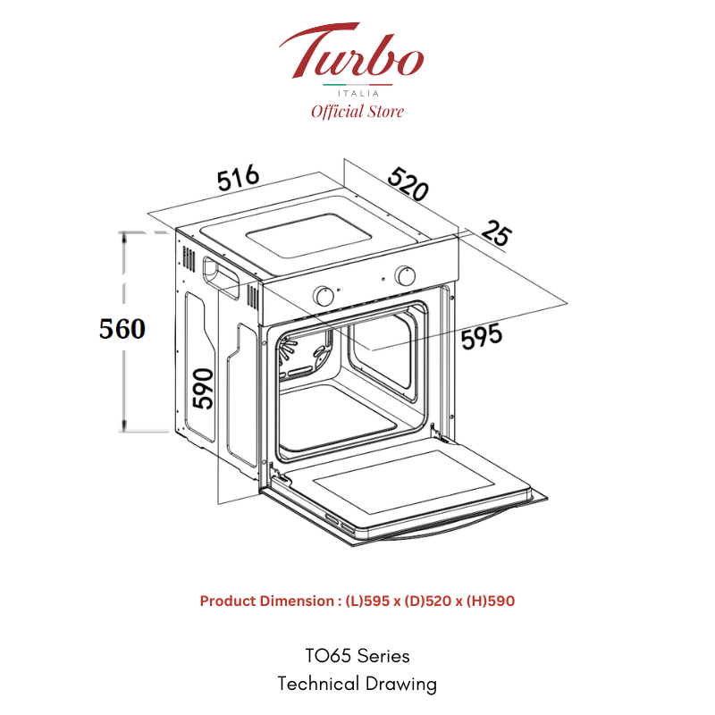 Turbo Italia TO65 Series 60cm Built-in Electric Oven 65L