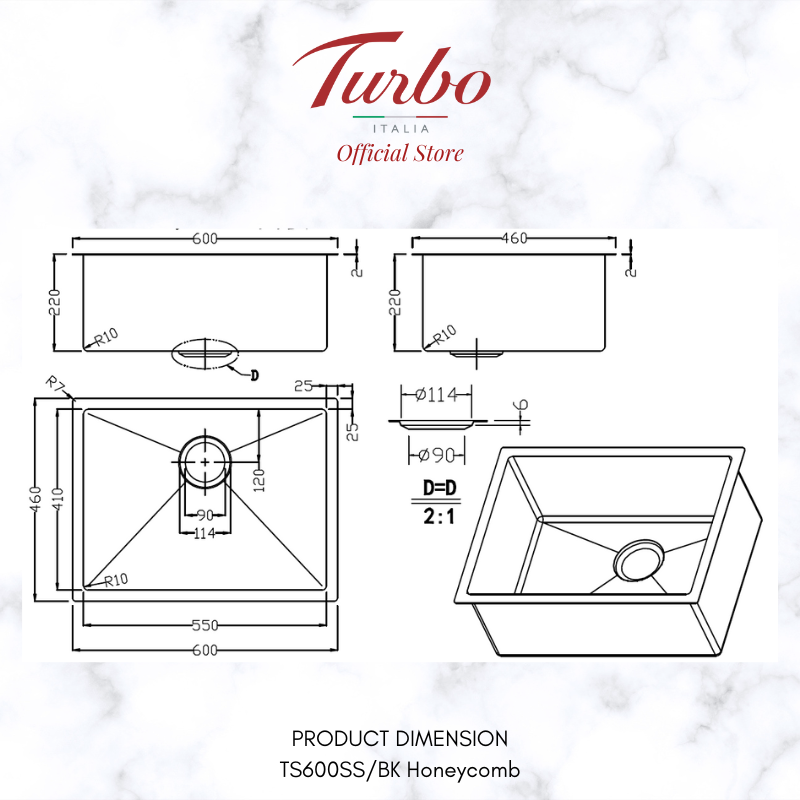 Turbo Italia TS600SS/BK 60cm Single Bowl Stainless Steel Kitchen Sink