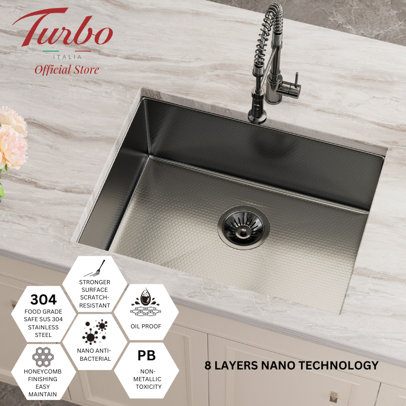 Turbo Italia TS600SS/BK 60cm Single Bowl Stainless Steel Kitchen Sink