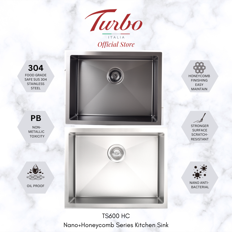 Turbo Italia TS600SS/BK 60cm Single Bowl Stainless Steel Kitchen Sink