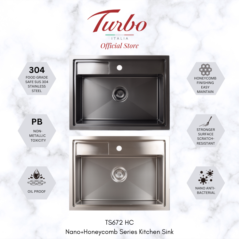 Turbo Italia TS672SS/BK 67cm Single Bowl Stainless Steel Kitchen Sink