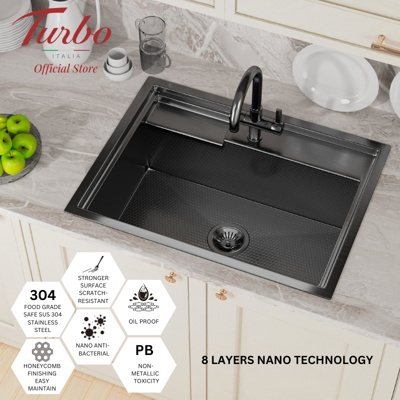 Turbo Italia TS672SS/BK 67cm Single Bowl Stainless Steel Kitchen Sink