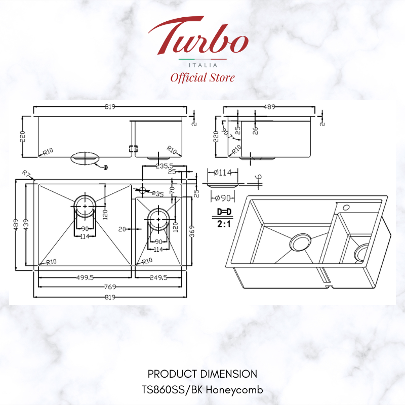 Turbo Italia TS860SS/BK 82cm Double Bowl Stainless Steel Kitchen Sink