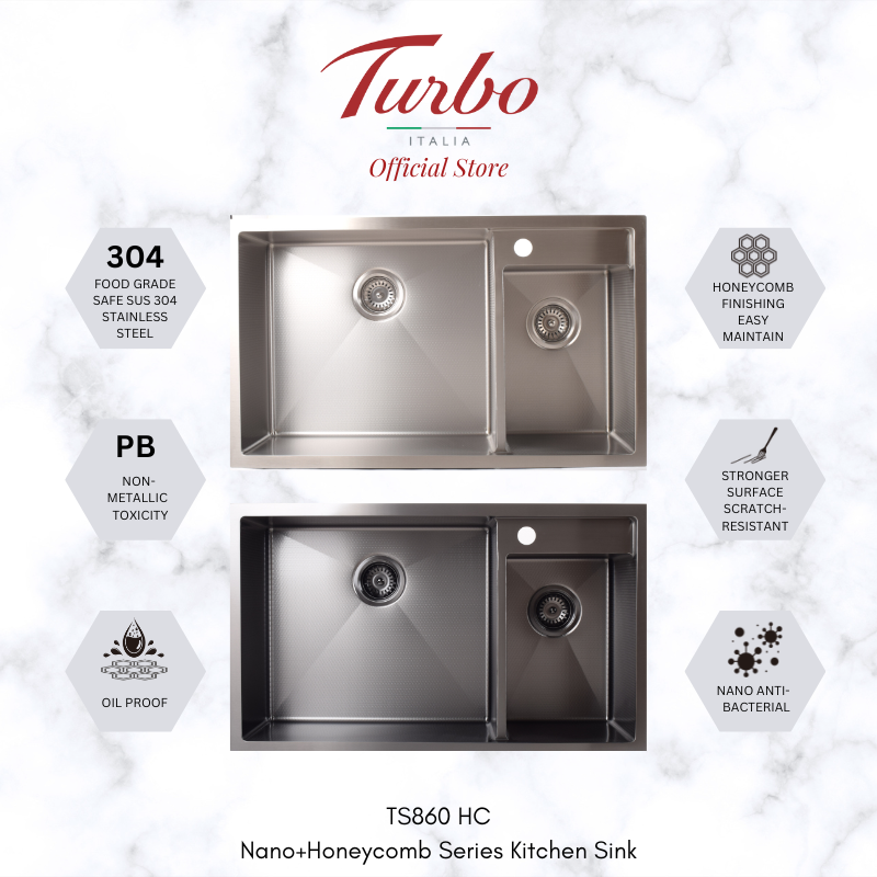 Turbo Italia TS860SS/BK 82cm Double Bowl Stainless Steel Kitchen Sink