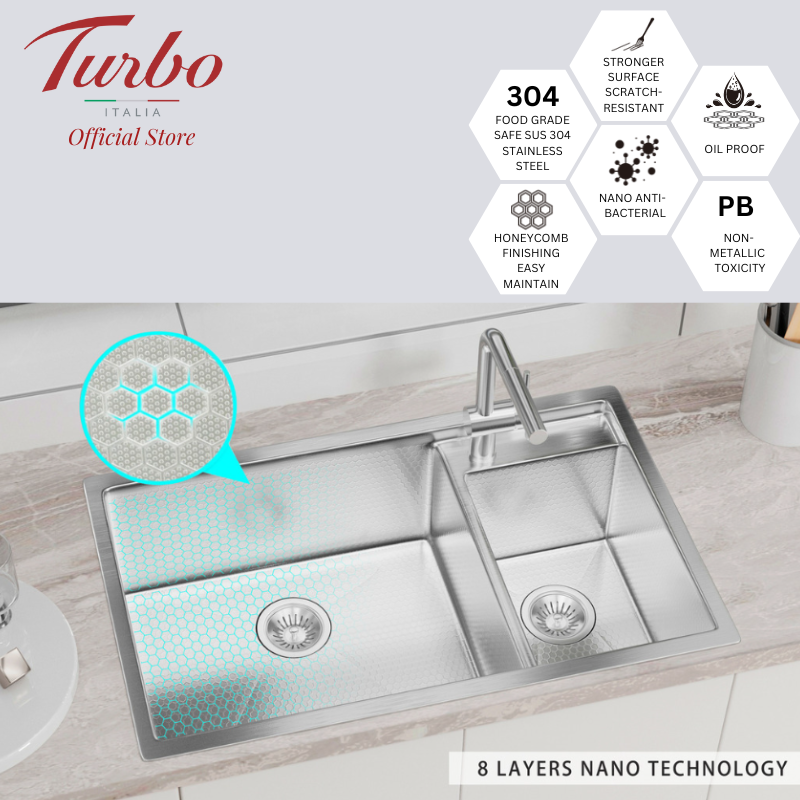 Turbo Italia TS860SS/BK 82cm Double Bowl Stainless Steel Kitchen Sink