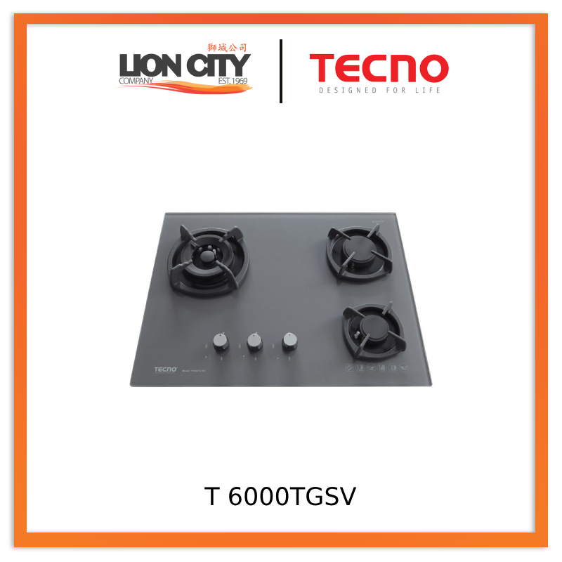 TECNO T 6000TGSV BK/CGY 3-Burner 65cm Glass Cooker Hob with Inferno Wok Burner Technology