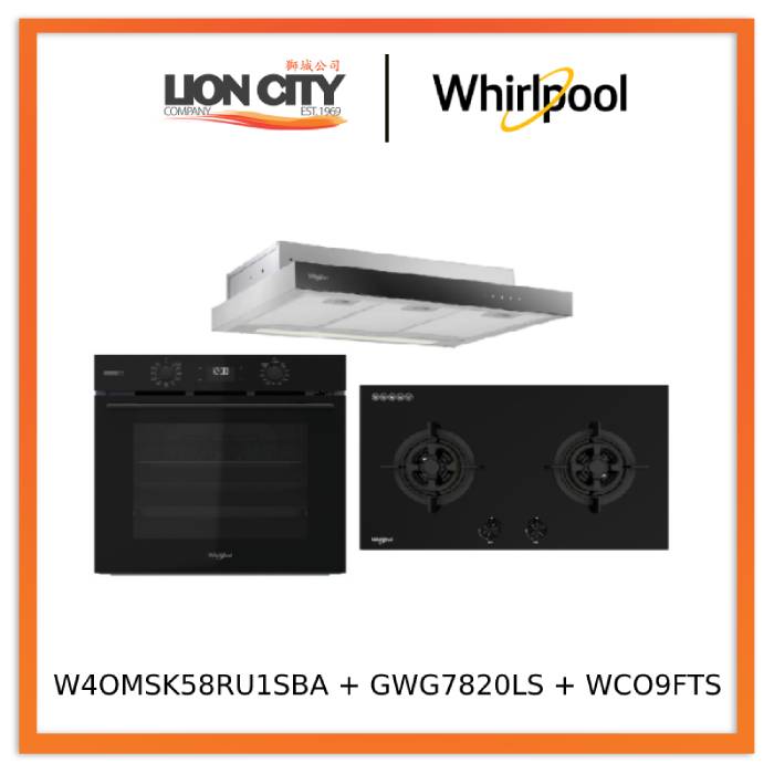 Whirlpool’s W4OMSK58RU1SBA 60cm W COLLECTION Multifunction Oven with Gentle Steam Function + Whirlpool’s GWG7820LS 78cm 2-Burners Gas Hob (LPG) + Whirlpool’s WCO9FTS 90cm Compact Hood