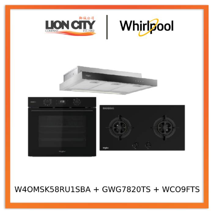 Whirlpool’s W4OMSK58RU1SBA 60cm W COLLECTION Multifunction Oven with Gentle Steam Function + Whirlpool’s GWG7820TS 78cm 2-Burners Gas Hob (Town Gas) + Whirlpool’s WCO9FTS 90cm Compact Hood