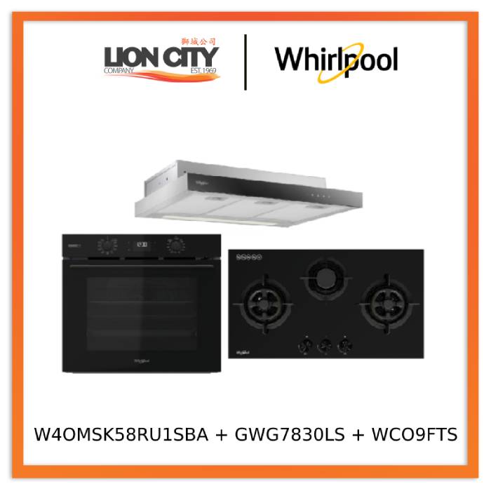 Whirlpool’s W4OMSK58RU1SBA 60cm W COLLECTION Multifunction Oven with Gentle Steam Function + Whirlpool’s GWG7830LS 78cm 3-Burners Gas Hob (LPG) + Whirlpool’s WCO9FTS 90cm Compact Hood