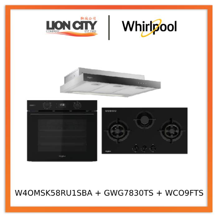 Whirlpool’s W4OMSK58RU1SBA 60cm W COLLECTION Multifunction Oven with Gentle Steam Function + Whirlpool’s GWG7830TS 78cm 3-Burners Gas Hob (Town Gas) + Whirlpool’s WCO9FTS 90cm Compact Hood