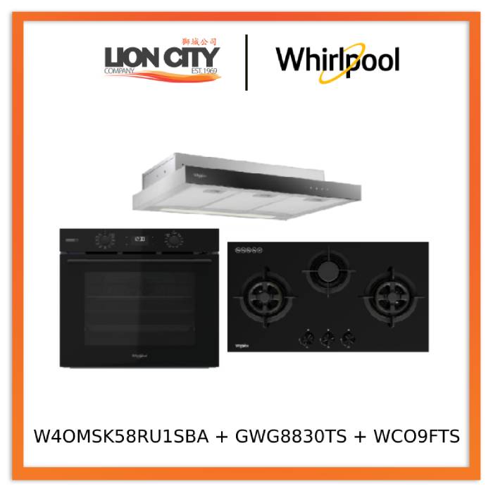 Whirlpool’s W4OMSK58RU1SBA 60cm W COLLECTION Multifunction Oven with Gentle Steam Function + Whirlpool’s GWG8830TS 88cm 3-Burners Gas Hob (Town Gas) + Whirlpool’s WCO9FTS 90cm Compact Hood