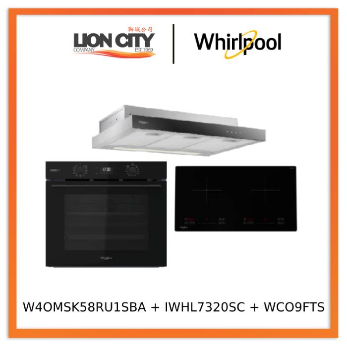 Whirlpool’s W4OMSK58RU1SBA 60cm W COLLECTION Multifunction Oven with Gentle Steam Function + Whirlpool’s IWHL7320SC 73cm 2 Zone Built-in Induction Hob + Whirlpool’s WCO9FTS 90cm Compact Hood