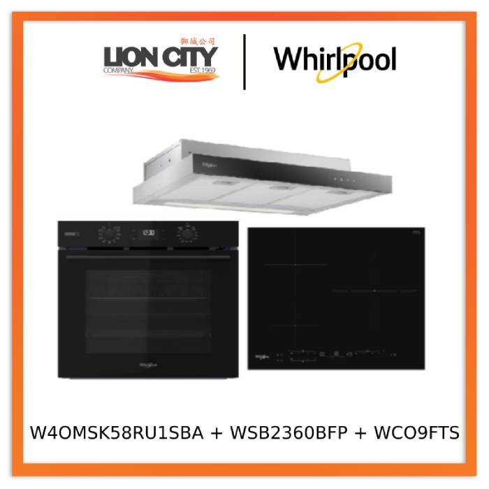 Whirlpool’s W4OMSK58RU1SBA 60cm W COLLECTION Multifunction Oven with Gentle Steam Function + Whirlpool’s WSB2360BFP 60cm Built-in Induction Hob + Whirlpool’s WCO9FTS 90cm Compact Hood