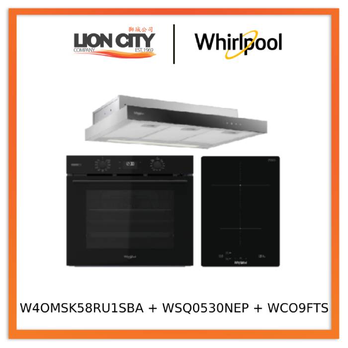 Whirlpool’s W4OMSK58RU1SBA 60cm W COLLECTION Multifunction Oven with Gentle Steam Function + Whirlpool’s WSQ0530NEP 30cm Built-in Induction Hob + Whirlpool’s WCO9FTS 90cm Compact Hood