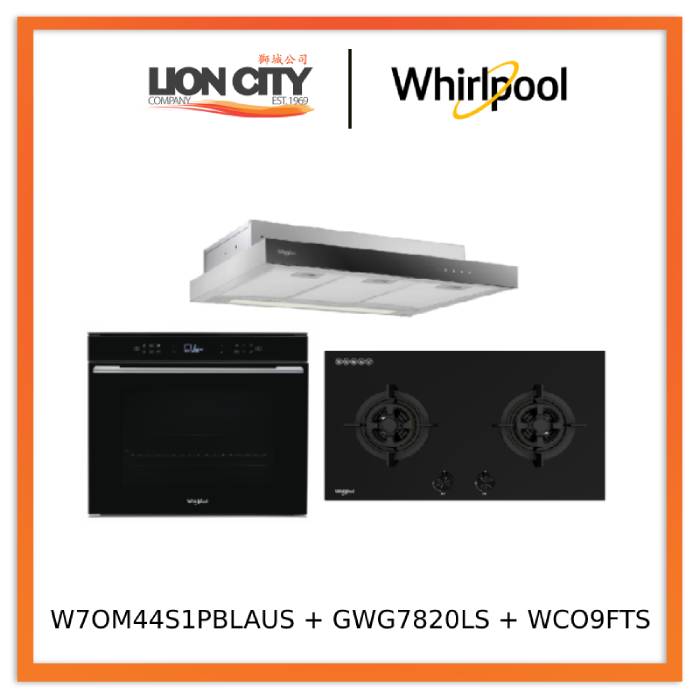 Whirlpool’s W7OM44S1PBLAUS 60cm 6TH SENSE Pyrolytic Oven + Whirlpool’s GWG7820LS 78cm 2-Burners Gas Hob (LPG)  + Whirlpool’s WCO9FTS 90cm Compact Hood