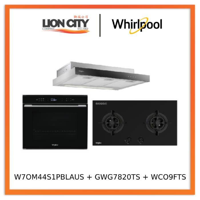 Whirlpool’s W7OM44S1PBLAUS 60cm 6TH SENSE Pyrolytic Oven + Whirlpool’s GWG7820TS 78cm 2-Burners Gas Hob (Town Gas)  + Whirlpool’s WCO9FTS 90cm Compact Hood