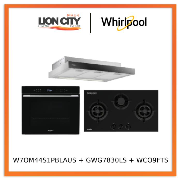 Whirlpool’s W7OM44S1PBLAUS 60cm 6TH SENSE Pyrolytic Oven + Whirlpool’s GWG7830LS 78cm 3-Burners Gas Hob (LPG) + Whirlpool’s WCO9FTS 90cm Compact Hood