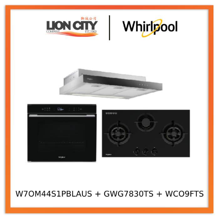 Whirlpool’s W7OM44S1PBLAUS 60cm 6TH SENSE Pyrolytic Oven + Whirlpool’s GWG7830TS 78cm 3-Burners Gas Hob (Town Gas)  + Whirlpool’s WCO9FTS 90cm Compact Hood