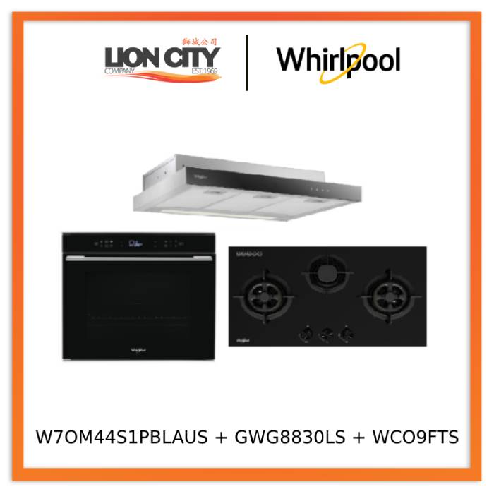 Whirlpool’s W7OM44S1PBLAUS 60cm 6TH SENSE Pyrolytic Oven + Whirlpool’s GWG8830LS 88cm 3-Burners Gas Hob (LPG) + Whirlpool’s WCO9FTS 90cm Compact Hood