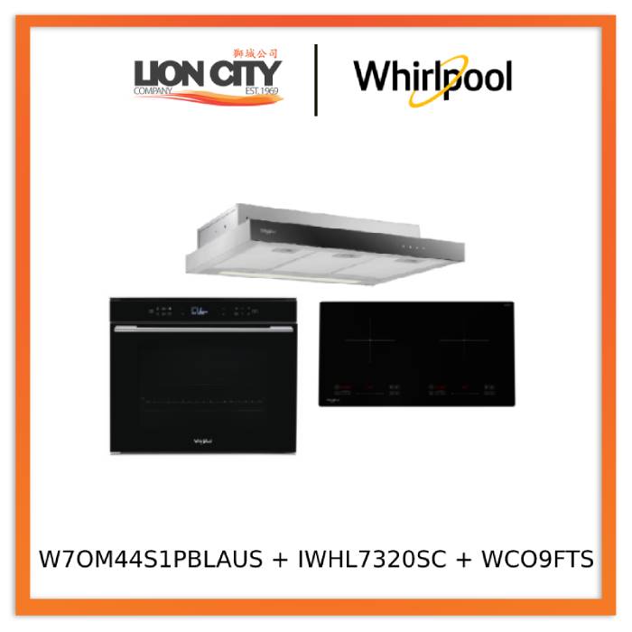 Whirlpool’s W7OM44S1PBLAUS 60cm 6TH SENSE Pyrolytic Oven + Whirlpool’s IWHL7320SC 73cm 2 Zone Built-in Induction Hob + Whirlpool’s WCO9FTS 90cm Compact Hood