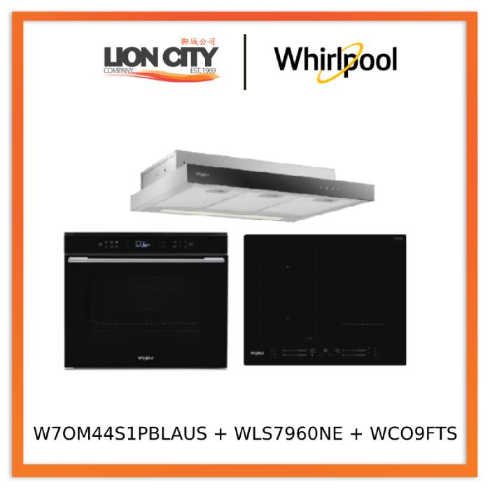 Whirlpool’s W7OM44S1PBLAUS 60cm 6TH SENSE Pyrolytic Oven + Whirlpool’s WL S7960 NE 60cm 4 Zone Built-in Induction Hob + Whirlpool’s WCO9FTS 90cm Compact Hood