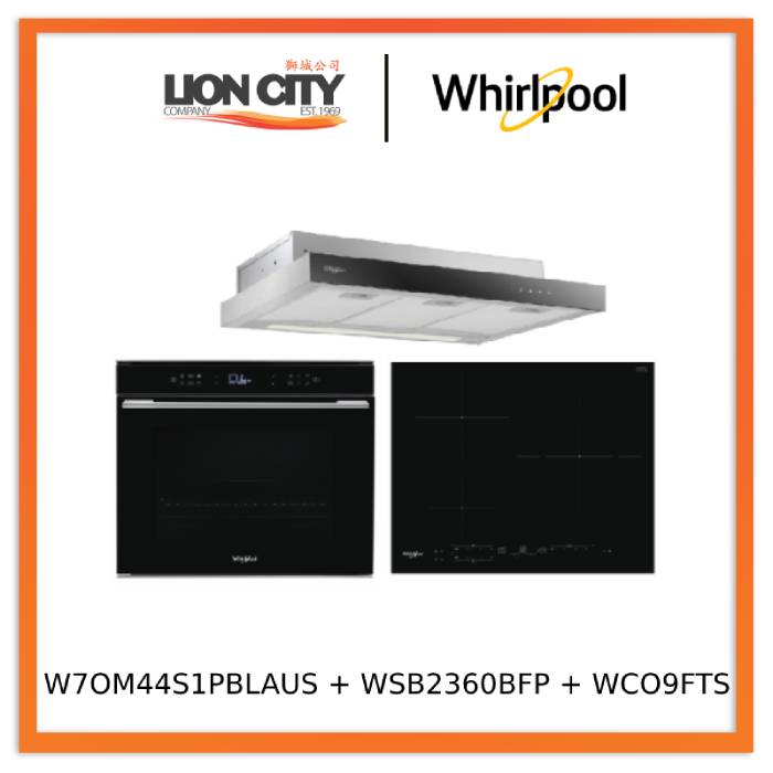 Whirlpool’s W7OM44S1PBLAUS 60cm 6TH SENSE Pyrolytic Oven + Whirlpool’s WSB2360BFP 60cm Built-in Induction Hob + Whirlpool’s WCO9FTS 90cm Compact Hood