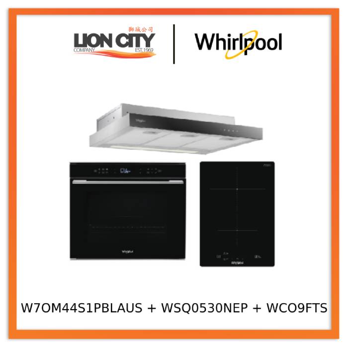 Whirlpool’s W7OM44S1PBLAUS 60cm 6TH SENSE Pyrolytic Oven + Whirlpool’s WSQ0530NEP 30cm Built-in Induction Hob + Whirlpool’s WCO9FTS 90cm Compact Hood