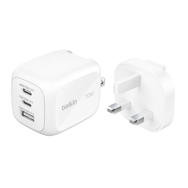 Belkin 70W GaN Wall Charger with Travel Plug and Pouch White