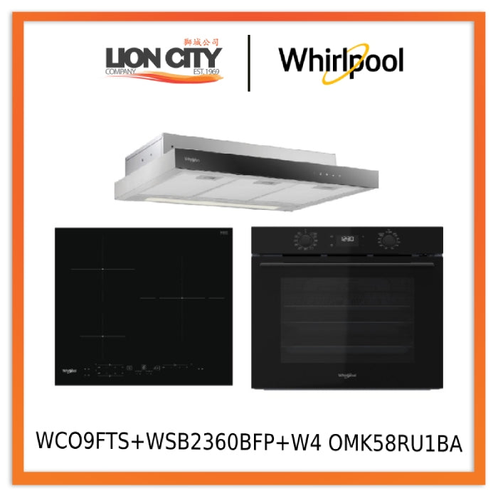 Whirlpool WCO9FTS 90cm Compact Hood + WSB2360BFP 60cm Built-in Induction Hob + W4 OMK58RU1BA 60cm W COLLECTION Multifunction Oven with Flexi Cleaning