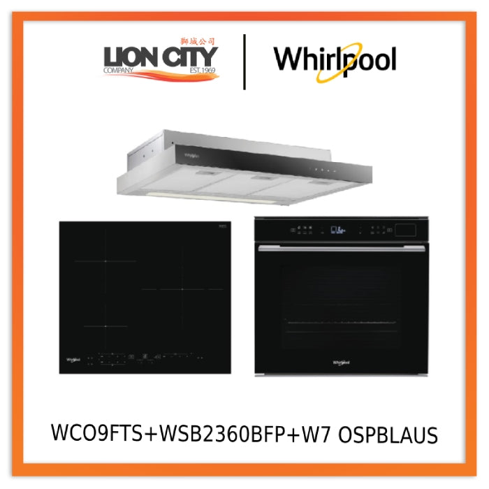 Whirlpool WCO9FTS 90cm Compact Hood + WSB2360BFP 60cm Built-in Induction Hob + W7 OSPBLAUS 60cm 6TH SENSE Pyrolytic Oven with Assisted SteamSense