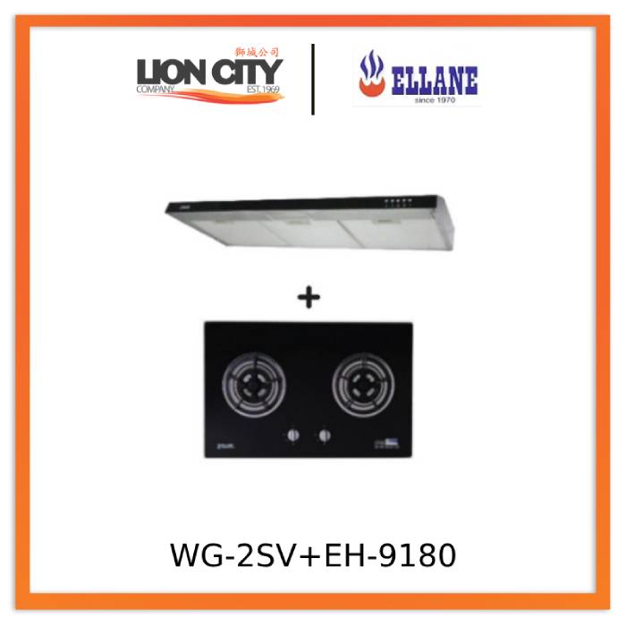 Ellane 60cm/90cm Slimline Hood With Black Panel EH-9180 + Ellane WG-2SV 80cm 2 Burner Glass Gas