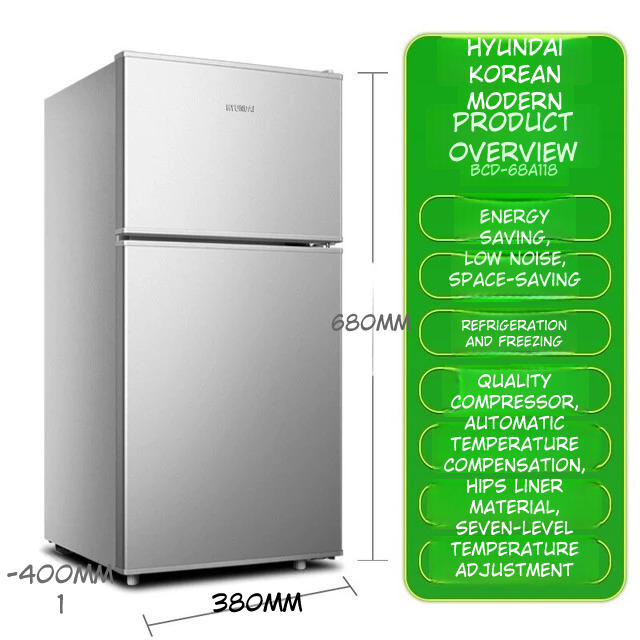 Hyundai BCD-68A118 68L Small Refrigerator with Double Doors for Rental and Dormitory