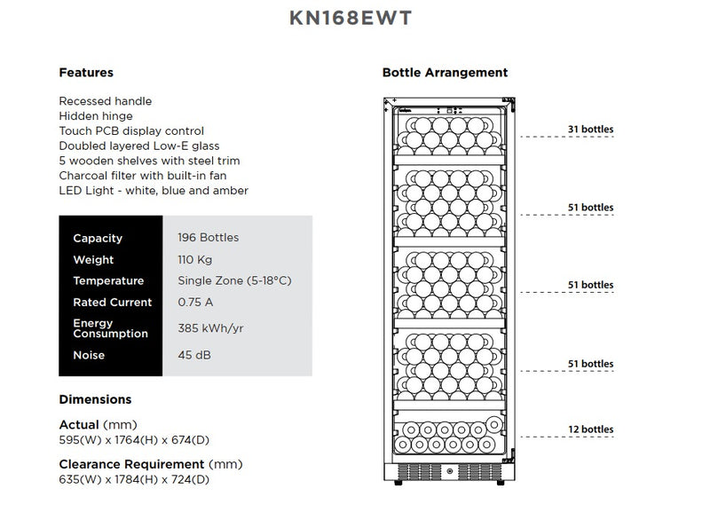 Kadeka KN168EWT 196 Bottles Wine Chiller Steel Series with 5 Wooden Shelves Glass Door