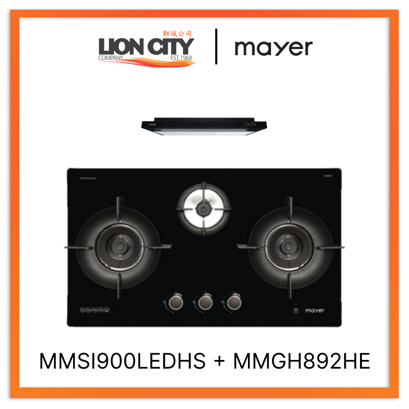 MAYER MMSI900LEDHS 90cm Semi-integrated Slimline Hood + Mayer MMGH892HE 86cm 2 Burner Gas Hob
