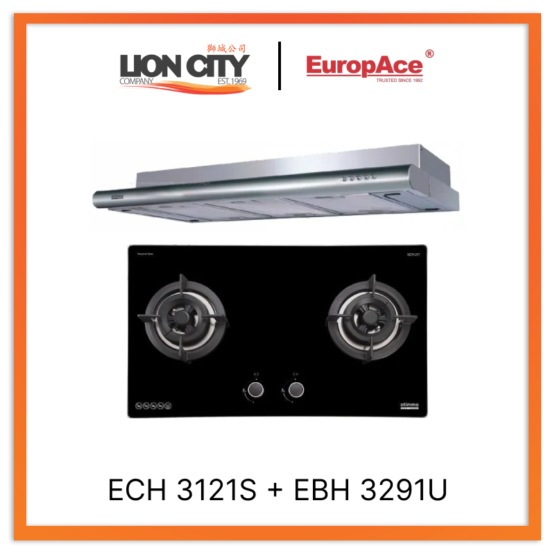 Europace ECH3121S 90cm Deluxe S/Steel Slim Hood + EBH3291U OTIMMO 2 Burner 90CM Stainless Steel HOB