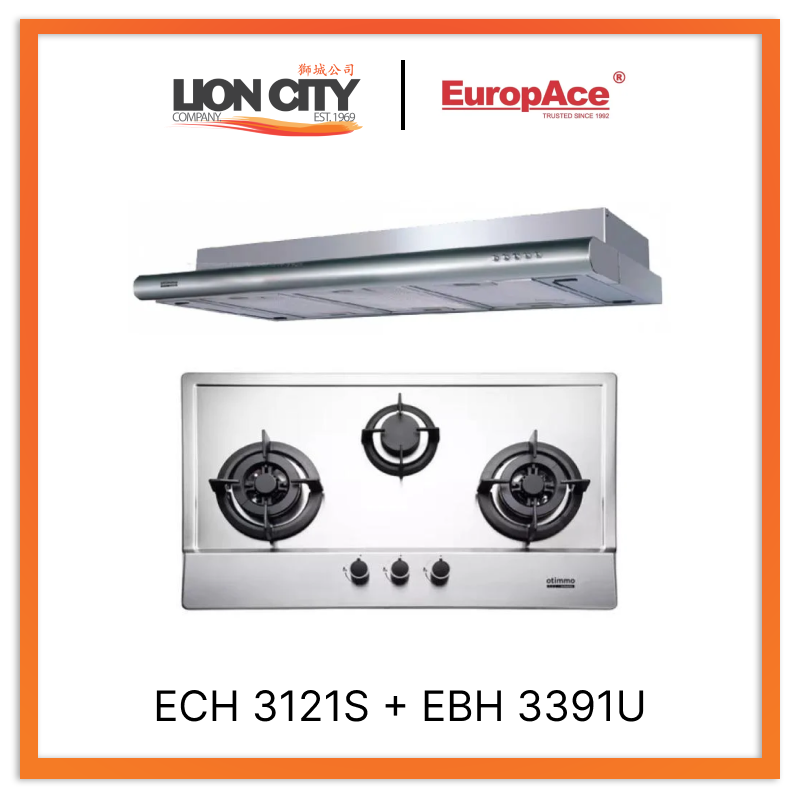 Otimmo ECH 3121S 90cm Deluxe S/Steel Slim Hood + EBH3391U 3 Burner 90cm Slim Gas Cooker Hob (Stainless Steel)